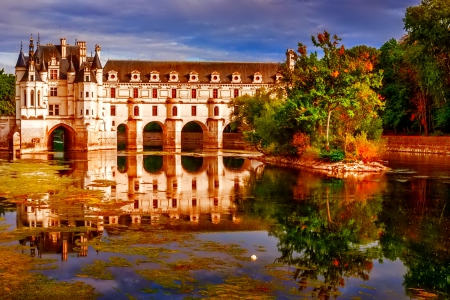 Castle - red, river, flowers, photo, castle, trees