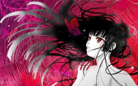 Jigoku Shoujo - pretty, anime, girl, beauty, pink, long hair, black, purple, red, fiusha, butterfly, cute