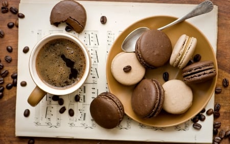 ***Coffee Time*** - spoon, coffee, drink, notes, cookies, cup, notebook, macaronis, grains, tooths, macaron, sweet, food, chocolate, plate