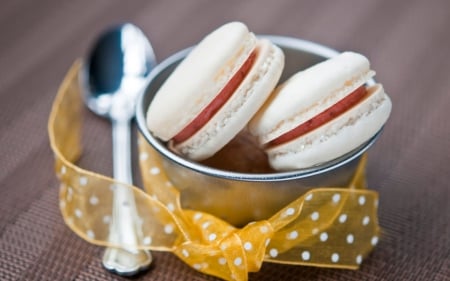 Sweet Cookies - spoon, yellow, food, macarons, ribbon, sweet, break