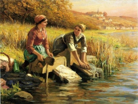 River - painting, women, village, river