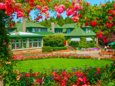 Butchart Gardens - flowers, garden, grass, Butchart-Gardens, architecture