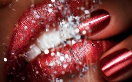 Red passion - mouth, lips, make-up, white, passion, red, glitter, nails