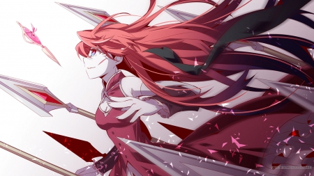 Kyoko Sakura - anime, girl, weapons, cool, long hair, red eyes, red hair, puella magi madoka magica, spear, Kyoko Sakura