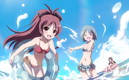 summer time - fun, anime, water, sea, summer time, long hair, girls, short hair, Homura Akemi, cute girls, swimming, puella magi madoka magica, friends, Sayaka Miki, sky, Kyoko Sakura