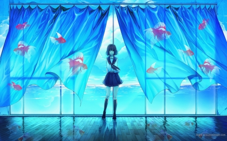 Living ocean - anime, blue, window, blue sky, girl, fishes, sea, Living ocean, ocean, short hair, curtain, school uniform, fantasy, schoolgirl