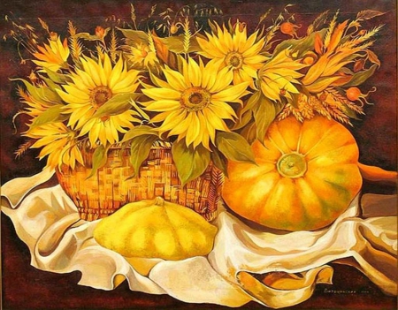 Fall Season - blossoms, sunflowers, still life, pumpkin, corn