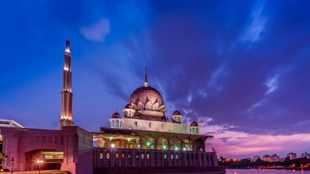 beautiful mosque in putrajaya malaysia - river, tower, lights, dusk, mosque, dome