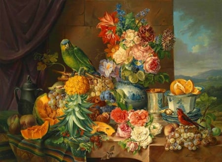 Still Life - nature, painting, flowers, parrot