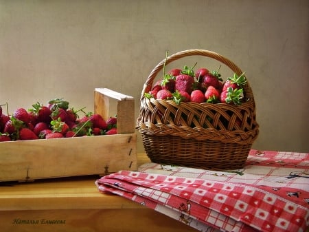 Still Life - basket, still life, strawberries, red