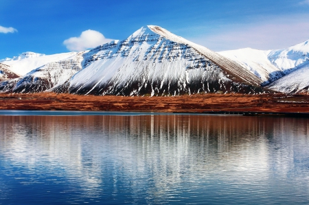 Hafnarfjall, Iceland - trees, volcano, snow, sea, colors