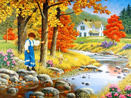 Stepping stones - nice, cottage, autumn, trees, peaceful, countryside, creek, foliage, painting, fall, art, quiet, pretty, calmness, river, house, kid, falling, shore, lovely, serenity, nature, village, stepps, boy, beautiful, stones, colors, flowers