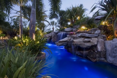 Dream Lit Waterfall Pool - lit, hot tub, water, lagoon, pond, jacuzzi, island, waterfall, tropical, swimming, pool, lights, palm trees, exotic, lake, paradise