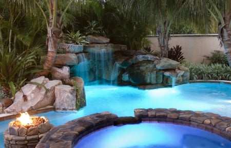 Blue Lit Waterfall Pool - lit, lagoon, blue, jacuzzi, island, south pacific, aqua, swimming, fire, exotic, paradise, hot tub, spa, pit, waterfall, tropical, pool, lights