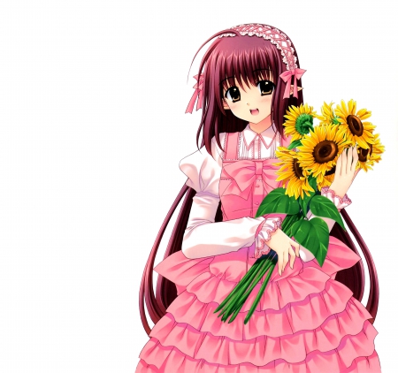 SunFlower - pretty, anime, female, maiden, dress, pink, long hair, sunflower, plain, ribbon, hd, nice, gown, anime girl, beautiful, hot, girl, simple, beauty, lovely, sweet, flower, white, lady, cute, floral, sexy