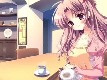 Kitchen - pretty, anime, female, maiden, home, kitten, nice, pink hair, house, anime girl, beautiful, hot, girl, beauty, lovely, sweet, cat, lady, cute, sexy, kitchen, kitty