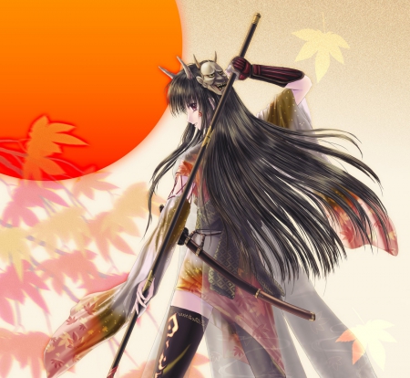 Warrior - pretty, anime, female, warrior, long hair, mask, katana, weapon, nice, anime girl, beautiful, hot, girl, sword, beauty, lovely, sweet, cute, sexy