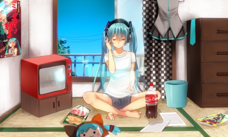 Hatsune Miku - female, hot, room, twintail, anime girl, home, anime, miku, house, tv, bottle, twin tail, cute, hatsune miku, sexy, girl, television, twintails, long hair, hatsune, vocaloids, kawaii, twin tails, vocaloid, headphones, green hair