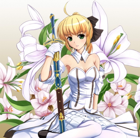 Saber - nice, saber, beauty, female, hot, knight, blond, anime girl, elegant, angelic, white, blond hair, gorgeous, pretty, blonde hair, anime, cute, sexy, girl, warrior, long hair, gown, lovely, fate stay night, divine, floral, sublime, beautiful, sweet, dress, blonde, flower