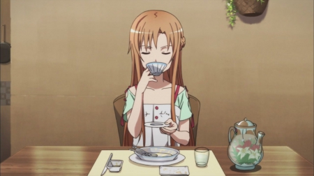 Asuna - asuna, yuuki asuna, cute, drinking, hot, anime girl, girl, tea, eat, drink, eeating, pretty, sweet, brown hair, anime, asuna yuuki, long hair, yuuki, nice, sword art online, lovely, sexy, female, sao