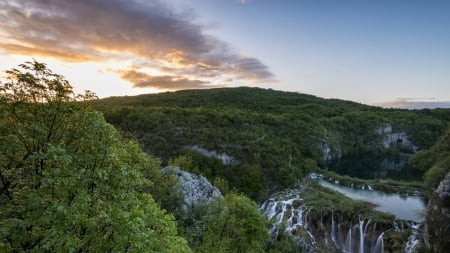 falls at plitvice lakes park in croatia - sunset, falls, forest, mountains, lakes