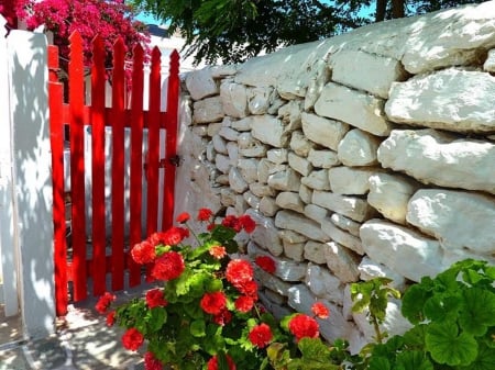 yard - flowers, stone, door, garden, red, yard, wall