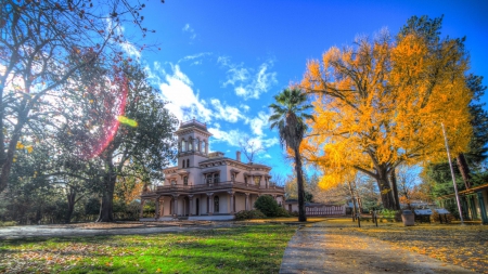 lovely plantation house hdr - autumn, trees, hdr, grass, villa, sun rays