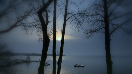 wonderful lake view on a foggy day - clouds, float, fog, lake, pier