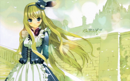 Life Is Full Of Beauty - blush, pretty, alice in wonderland, wall, blonde, anime, dress, long hair, building, staircase, hat, blue eyes