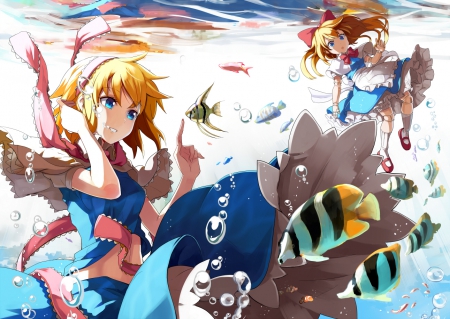 Hello My Friends - anime, dress, blonde, lovely, doll, short hair, touhou, underwater, bubbles, fish, alice margatroid, blue eyes