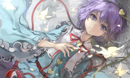 ~Komeiji Satori~ - pretty, anime, water, komeiji satori, butterflies, headband, purple eyes, short hair, touhou, purple hair