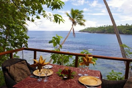 Table for Two with Beautiful Sea View - paradise, table for two, polynesia, view, dine, breakfast, dinner, ocean, lunch, islands, tropical, exotic, romantic, beautiful, island, south pacific, sea