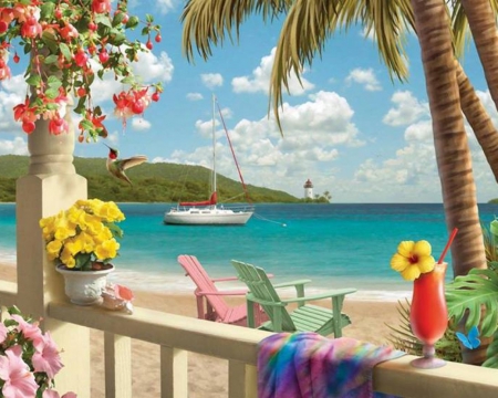 Paradise - palm trees, beach, paradise, cocktail, chairs, painting, hummingbird, flowers, boat