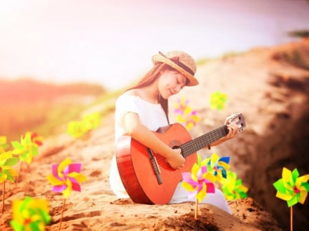 Beautiful day - guitar, whirwind, hat, windmill toy, music, woman