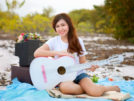 Beautiful day - woman, smile, guitar, model