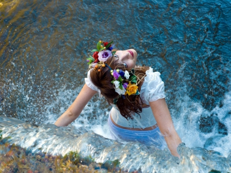 Cool day - flowers, beach, water, woman