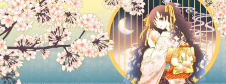 Peach Blossom - pretty, female, window, blossom, maiden, night, nice, cherry blossom, hot, beauty, kimono, sakura blossom, flower, yukata, peach, lady, cute, floral, sexy, anime, long hair, crescent, oriental, plum, ribbon, fruit, moon, anime girl, sakura, beautiful, girl, lovely, brown hair, sweet