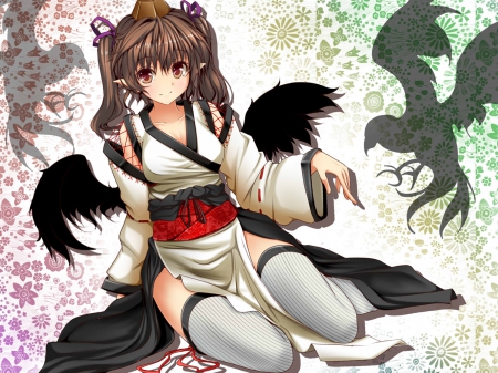 Black Wings - nice, female, angel, hot, wings, anime girl, brown hair, pretty, feather, anime, kimono, cute, maiden, lady, sexy, girl, long hair, lovely, bird, yukarta, wing, sweet