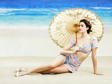 Emmy Rossum - actress, beach, emmy rossum, brunette, umbrella, woman