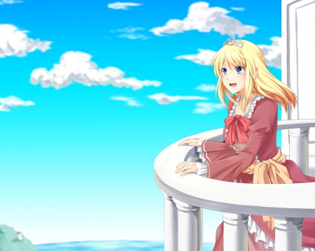 ♡ Maiden ♡ - pretty, anime, tiara, female, maiden, crown, dress, blonde, blond hair, long hair, blond, princess, nice, balcony, sky, gown, anime girl, royalty, beautiful, hot, girl, blonde hair, beauty, lovely, sweet, lady, cloud, cute, sexy