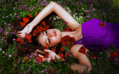 Beauty of style - face, rose, model, lying, woman