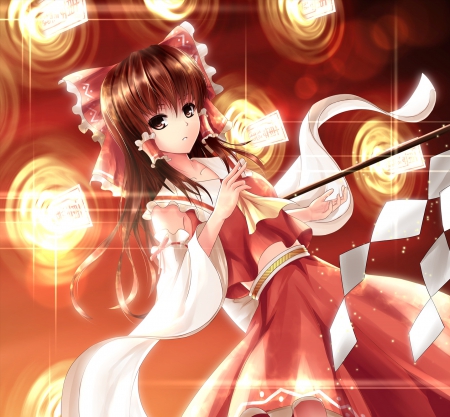 Hakurei Reimu - cute, talisman, hakurei reimu, hot, anime girl, girl, sparks, shrine maiden, ribbon, light, hakurei, touhou, glow, brown hair, anime, dress, long hair, reimu, sexy, female