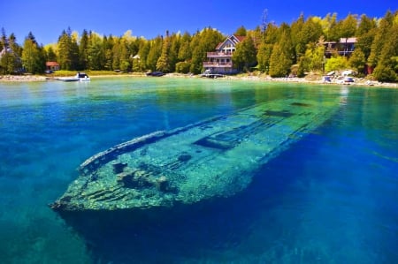 Grounded Ship at Lake Huron - wreck, beach, sunken, trees, water, coast