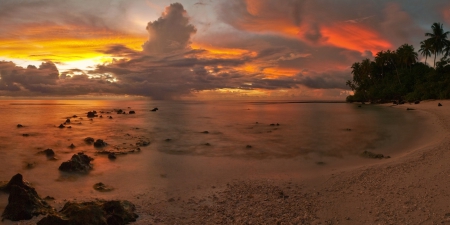 MALDIVES SKIES - clouds, palms, water, beach, late afternoon, sea, sand, islands, skies, red, landscapes