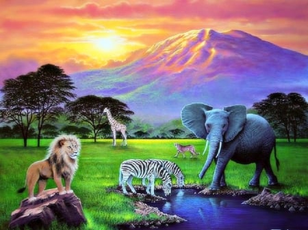 âœ«Nature & Wildlife Endangeredâœ« - sky, sunshine, trees, animals, mountains, swamp, creative pre-made, tigers, endangered, clouds, digital art, paintings, grass, landscapes, fields, attractions in dreams, lions, wildlife, forests, plants, nature, zebras, love four seasons, elephants, giraffes, scenery, drawings