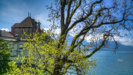 monastery on a lake - lake, monastery, mountains, tress, boat