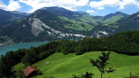 WALENSTADT, SWITZERLAND - clouds, trees, water, grass, green, cities, landscapes, mountains, lakes