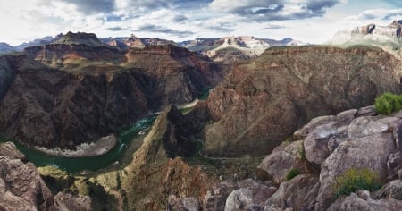 PLATEAU POINT, GRAND CANYON - erosion, water, plants, arizona, clouds, river, wildflowers, cliffs, landscapes