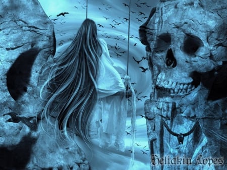 Cliff of the Death - skulls, fantasy, lady, blue, cliff, death