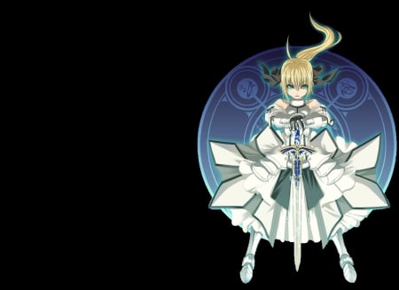 Saber Lily - saber, anime, female, warrior, dress, blonde, blond hair, long hair, emotional, armor, saber lily, blond, plain, hd, weapon, gown, anime girl, serious, hot, girl, sword, simple, blonde hair, knight, blade, black, sinister, cute, sexy, fate stay night